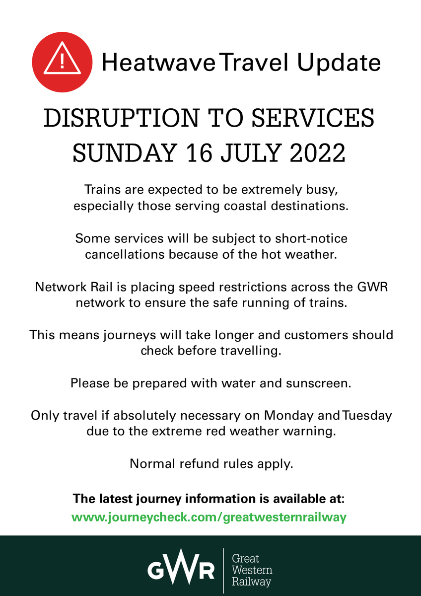 GWRHelp's tweet photo. ⚠️ Heatwave Travel Update 17/07⚠️ 

Please only travel if absolutely necessary on Monday 18 and Tuesday 19 July due to the forecasted record-breaking hot temperatures.

Check your journey carefully at https://t.co/pmf9l2v4kA and allow plenty of time. https://t.co/by19tgJmT0