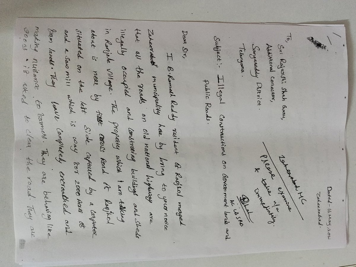rameshreddy498's tweet photo. @KTRTRS Sir road to more than 5000 acres of farmlands have been encroached by 3 people in zaheerabad Ranjhol area. More than 10 acres of govt land is under kabja. No officer is responding even after we submitted legal documents. Muncipal RDO MRO no help @Collector_SRD @KTRoffice https://t.co/lIdGKrJHf6