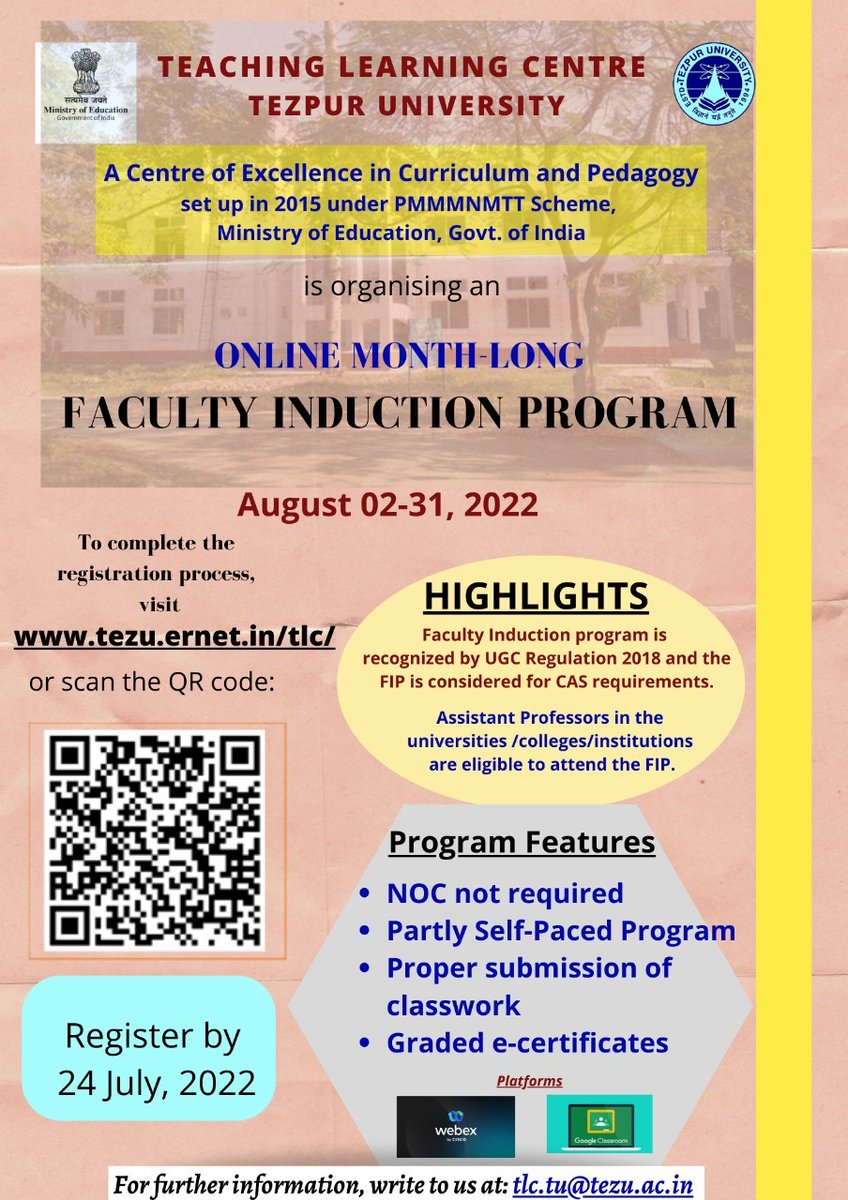 TezpurUniv's tweet photo. Teaching Learning Centre, #TezU (#TLCTU) is pleased to announce a month-long Online Faculty Induction Program during 02-
31 August 2022. ๐
Click below to apply โฌ๏ธ
https://t.co/ZJu60Q9PaW
Last date of registration: 24 July
Click below for more info โฌ๏ธ
https://t.co/X8LxEymCrJ https://t.co/98bvgpuiez