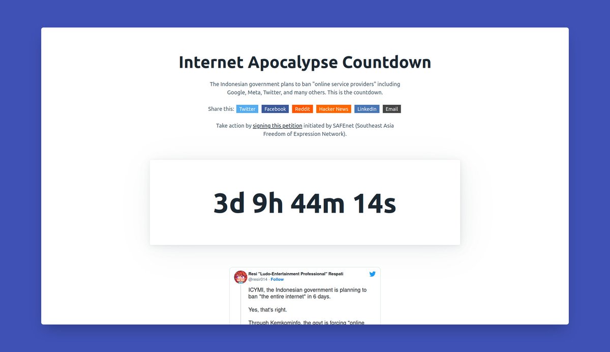 fransallen's tweet photo. Indonesia's Internet Apocalypse will begin on July 21st (if Kominfo didn't just bluff like they always do).

This site is a countdown clock towards the inevitable.

https://t.co/uCff2kiQ3h https://t.co/9qHfqR2Gl2