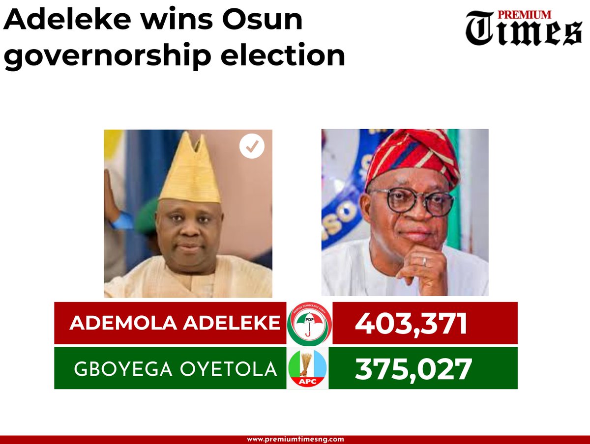 PremiumTimesng's tweet photo. Mr Adeleke, a former senator, would see his victory in the latest election as a vindication that he was the original winner of the 2018 election.
https://t.co/zvzLjfhkMq https://t.co/H6KB5DTeHf
