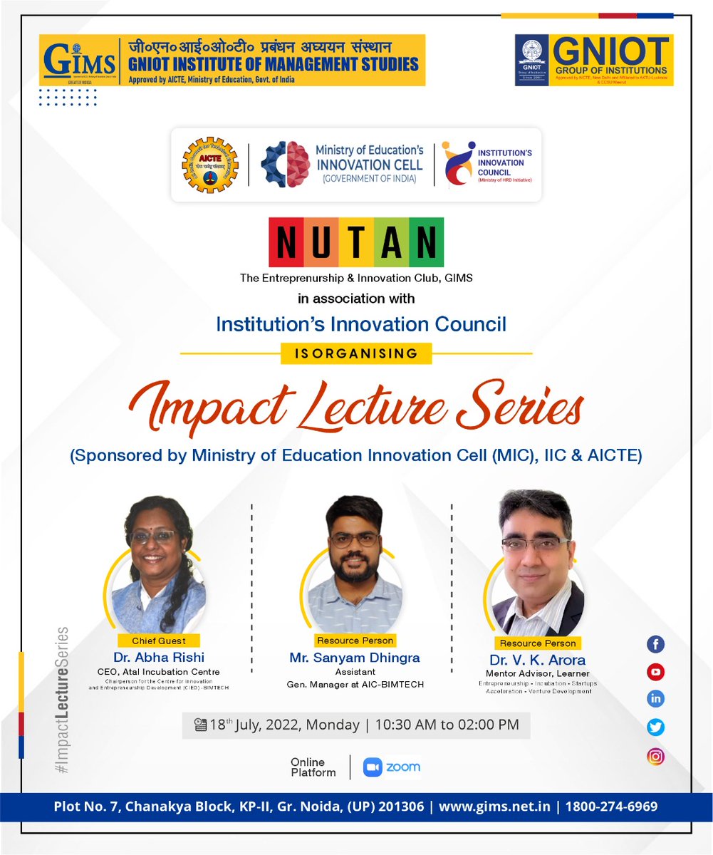 GNIOTCollege's tweet photo. GIMS in association with Institution’s Innovation Council (IIC) is organizing Impact lecture Series.
Visit our Website: https://t.co/WbdwR5pxd6
Toll Free No.: 18002746969
#GNIOT #GIMS #GreaterNoida #PGDM #Nutan #Entrepreneurship #ImpactLectureSeries https://t.co/Q9Hi8KBNF3