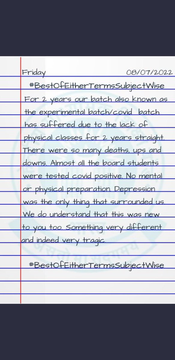 AIJNSA_official's tweet photo. Students have done online classes since last 2 years and now suddenly we have to give offline exams that's also in 2 phases. Students are feeling mentally depressed.

 #BestOfEitherTermsSubjectWise will be the best for giving students a relief #CBSEstudentsWantJustice https://t.co/l42xcBobbP