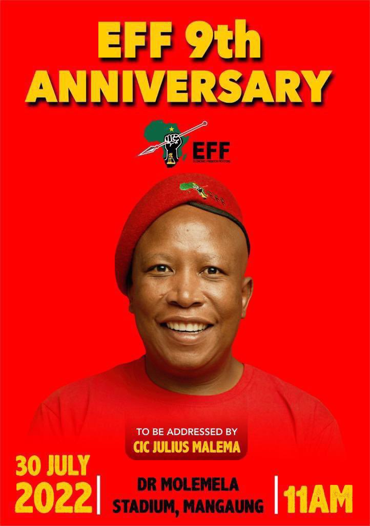 effmangaung's tweet photo. [13 DAYS TO GO]

The month of July is a very important month in the history of socialism. 

On the 30th of July 2022, all roads will be leading to Bloemfontein for the EFFs 9th Anniversary.

Time: 11:00

Venue: Dr Molemela Stadium, Mangaung

#EFFTurns9 https://t.co/PCVDEILPnW