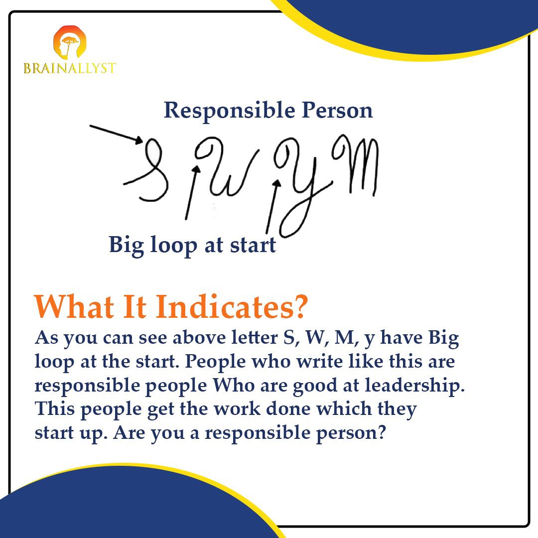 brainallyst's tweet photo. People with this type of big loop in their handwriting tends to be a responsible person and tends to be a leader in their group . Check in your handwriting if you also possess it.
Get in touch and change yours :)
#Graphology #Graphotherapy #HandwritingAnalysis https://t.co/SRibRuneCD