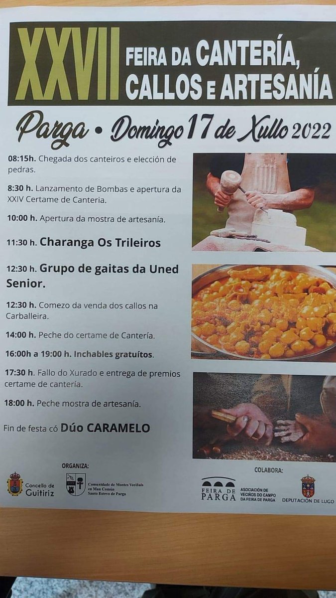 paseargalicia's tweet photo. Nos xa temos todo preparado para desfrutar da XXVII Feira dos Callos, Cantería e Artesanía da @FeiraParga
E ti? A que esperas?
#pasearfeiraparga
#feiraparga
#parga
#Guitiriz
#ENLUGOSI https://t.co/JX7JEu2A10
