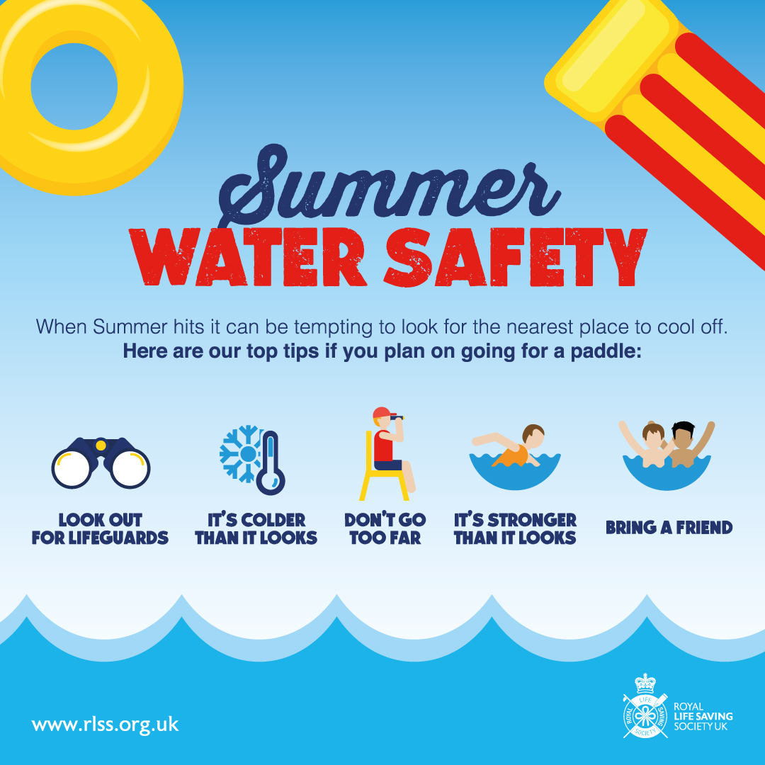 RLSSUK's tweet photo. With the hot weather warnings being issued, it's worth asking yourself, are you hot on water safety? Here are our top 5 tips so you can #EnjoyWaterSafely this summer: ☀️🌊 
https://t.co/3DT4FfjzDJ 
#summer #summertime #watersafety #safety #safetyfirst https://t.co/XVAUqImSdu