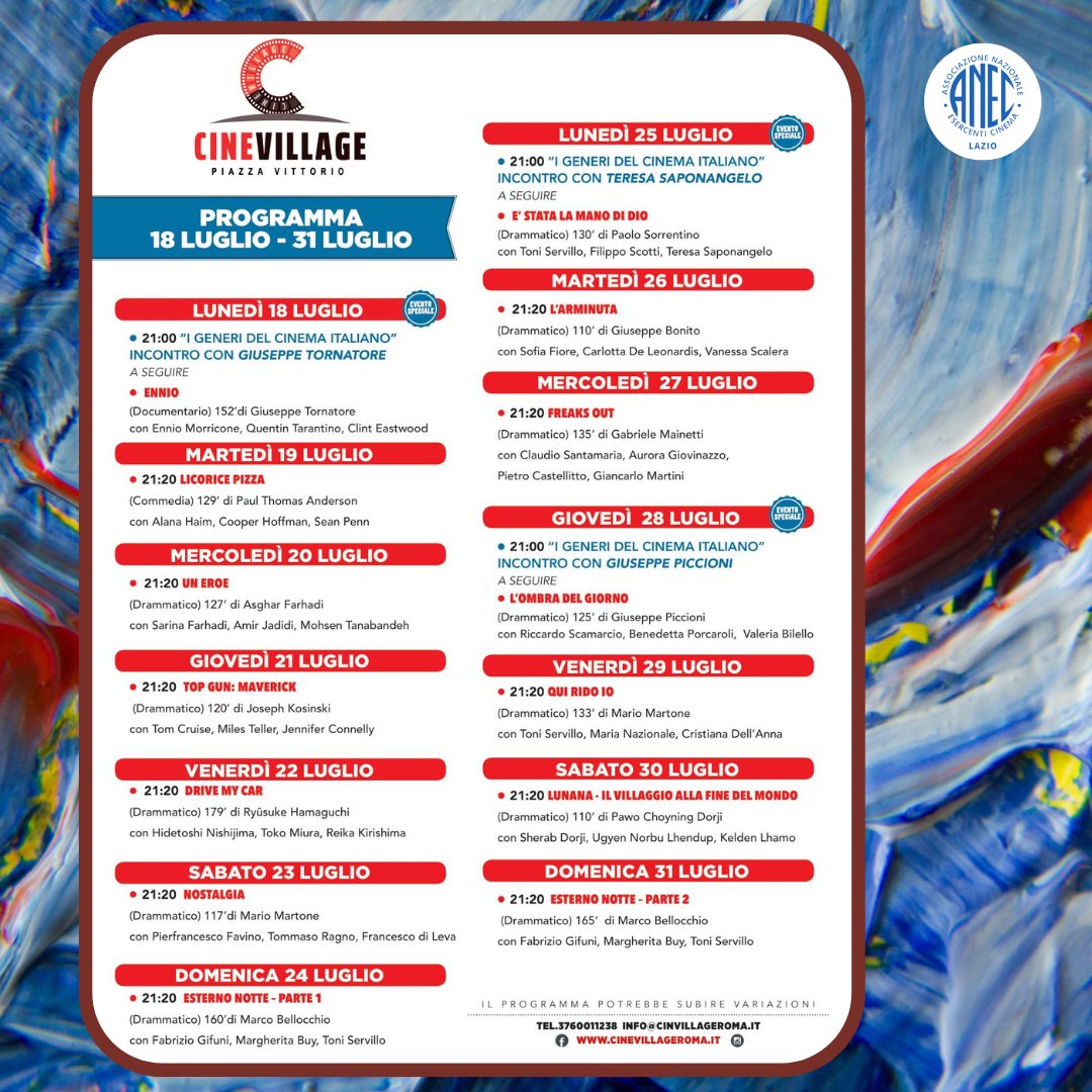 Cinevillage Roma (@cinevillager) on Twitter photo Programmazione Luglio del #cinevillagepiazzavittorio e #cinevillagemonteverde
Grazie ad <a href="/ANEC_Lazio/">ANEC Lazio</a> e AgisLazio
#cinevilllageroma Programmazione Luglio del #cinevillagepiazzavittorio e #cinevillagemonteverde
Grazie ad <a href="/ANEC_Lazio/">ANEC Lazio</a> e AgisLazio
#cinevilllageroma