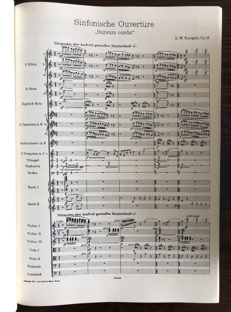 KalliJari's tweet photo. Written in 1919, E. W. Korngold’s Symphonic Overture ”Sursum corda!”, Op. 13 is a case in point of orchestral mastery. Nineteen years later, excerpts from the overture reappeared in the composer’s score for ’The Adventures of Robin Hood’ (1938). #AdventuresInMusic #scoreoftheday https://t.co/Oy3oPDQuAf
