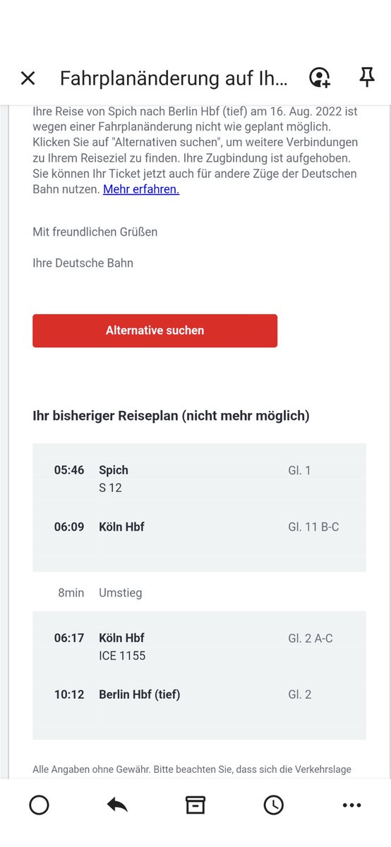fridward's tweet photo. @DB_Bahn was ist  mit der Schnellverbindung von Köln nach Berlin passiert? Hab gerade die Nachricht erhalten, den Zug gäbe es nicht mehr und ich soll mir eine neue Verbindung suchen
  Super, gleiche Abfahrtszeit nur dass der Zug jetzt ne Stunde länger braucht. https://t.co/8As6nDlf6b