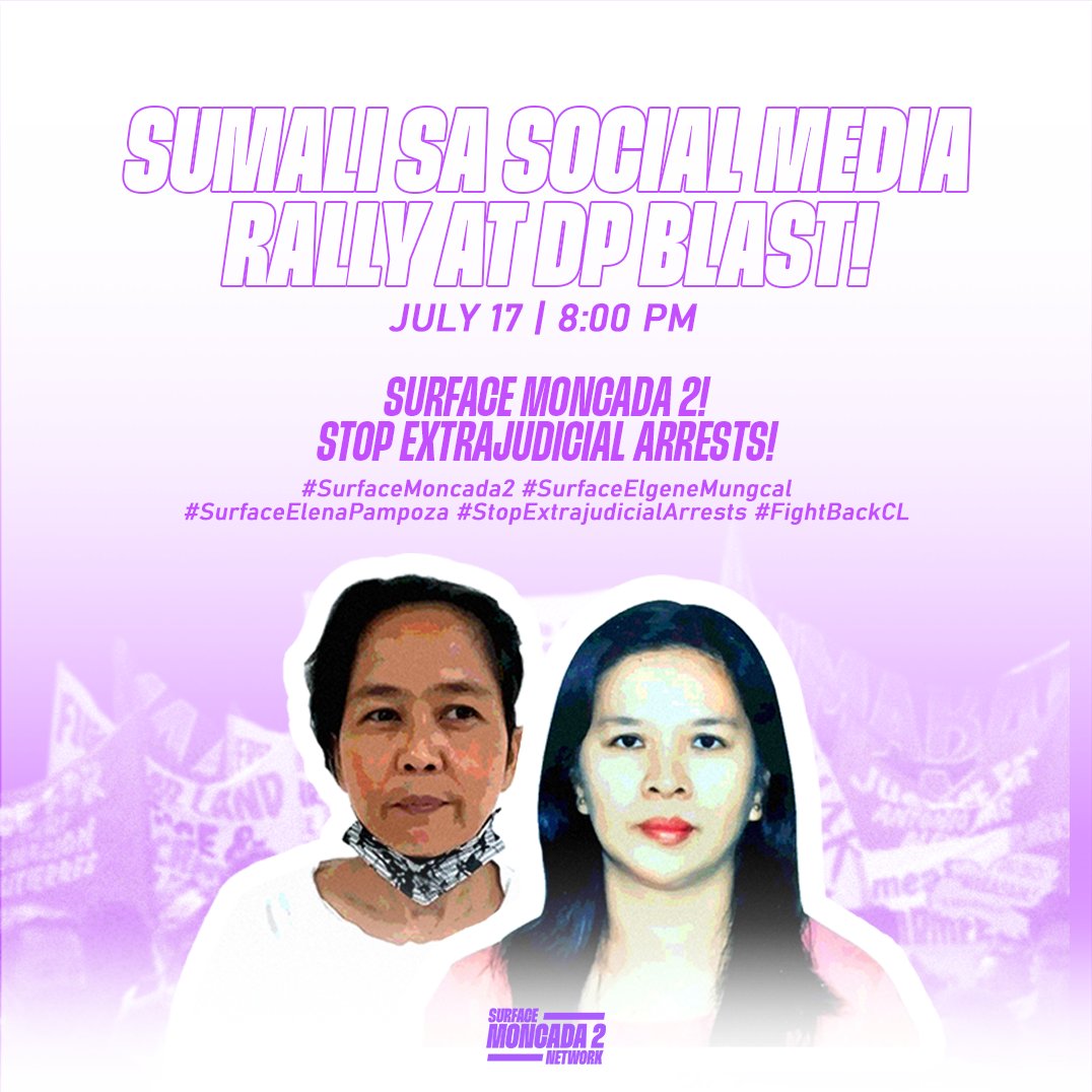 SUMALI SA SOCIAL MEDIA RALLY AT DP BLAST!
July 17, 8:00 PM

Makiisa sa pagpapatambol ng panawagang agarang pagpapalitaw kina Elgene Mungcal at Ma. Elena Pampoza! Sumali sa social media rally mamayang 8:00 PM at gamitin ang sumusunod na link para sa DP blast.

(1/2)