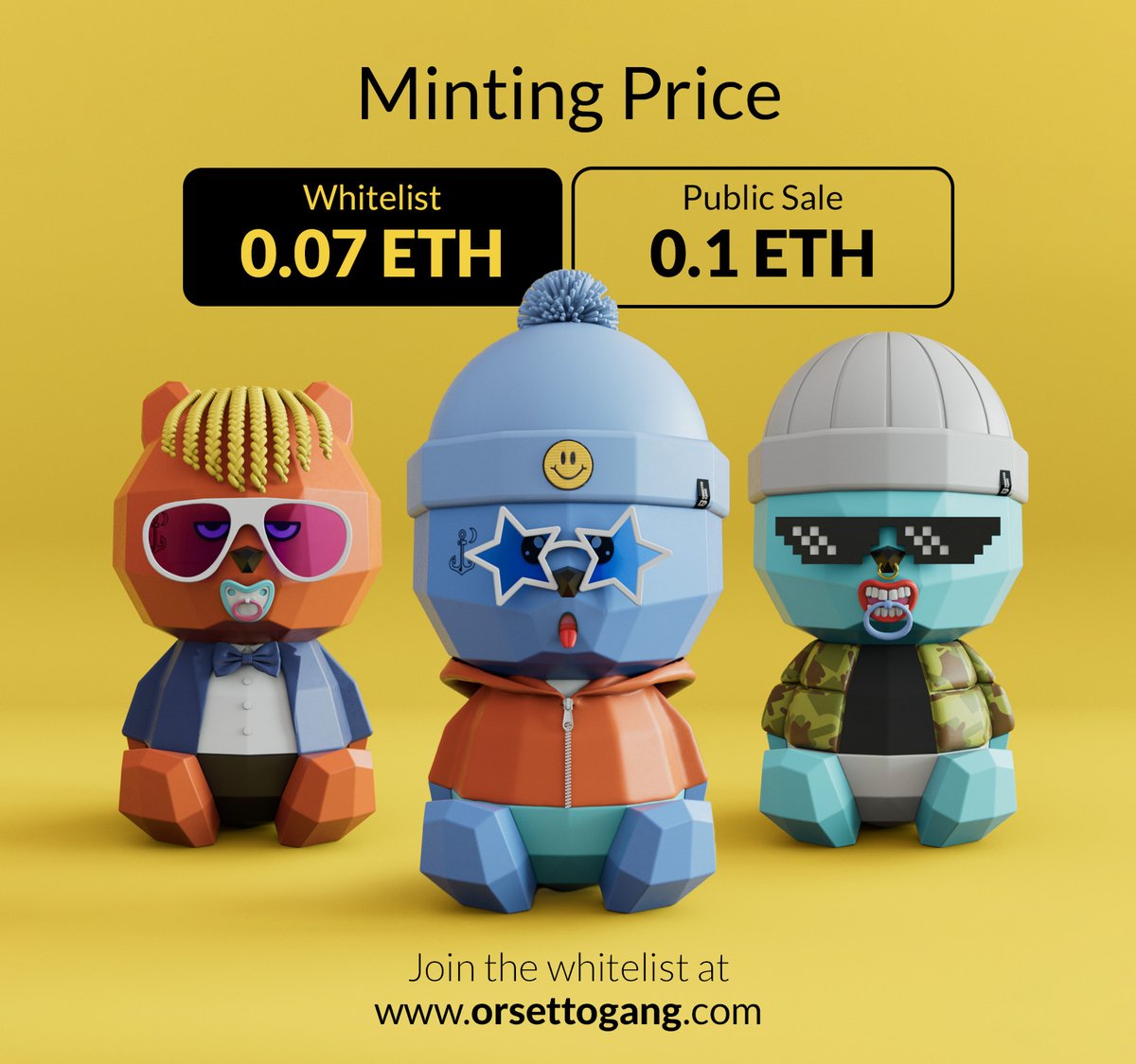 🚨 Sign up for the OG #whitelist to mint your gangster! 

Minting price exclusive for #WL: 0.07 ETH 
🧸 Join it at 👉 orsettogang.com

🫣 Whitelisting will close soon don't miss 

#nftdrop #wl #whitelist #nftcollectibles #nftproject #OG #nft #nftcommunity #web3 #party
