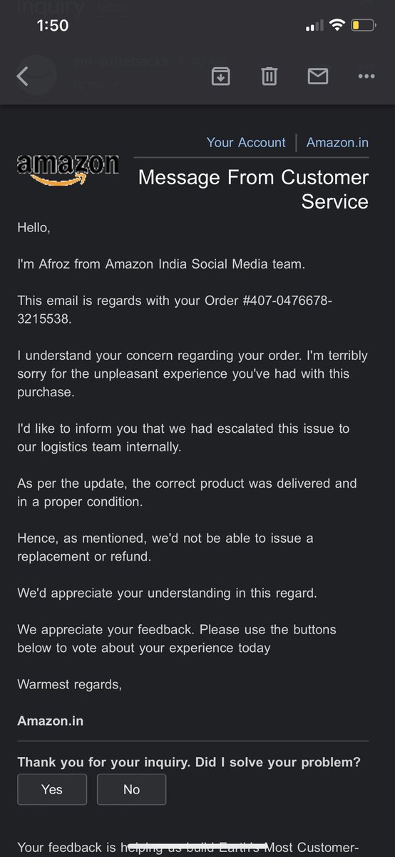 suneetbhatia's tweet photo. The social media teams seems to have other ideas abt customer service. @amazonIN please get someone sane involved here and get the issue resolved please. https://t.co/ybTVsoswnV