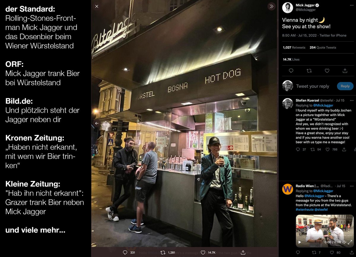 steefel's tweet photo. @MickJagger Hello Mick - thanks a lot for this foto present you gave to us - it went viral - it still makes us laugh when we think about it. Stay healthy, enjoy life and when you come back to Vienna, text us and we will have another cool beer „together“. Best regards Stefan &amp; Jochen https://t.co/O1RsTAGJpE