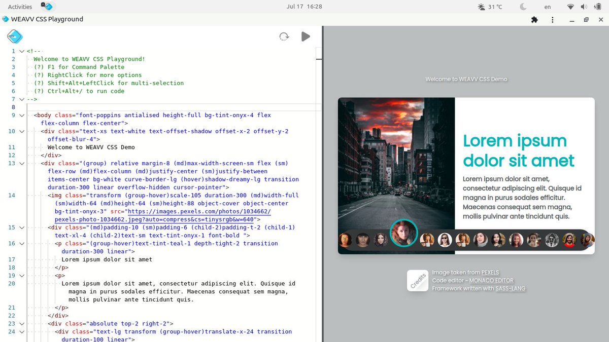 weavvcss's tweet photo. 🥳New `playground editor` (https://t.co/6Jp0VTYEMl) for testing WEAVV CSS on the go without the installation. https://t.co/8pjVy7A8kg