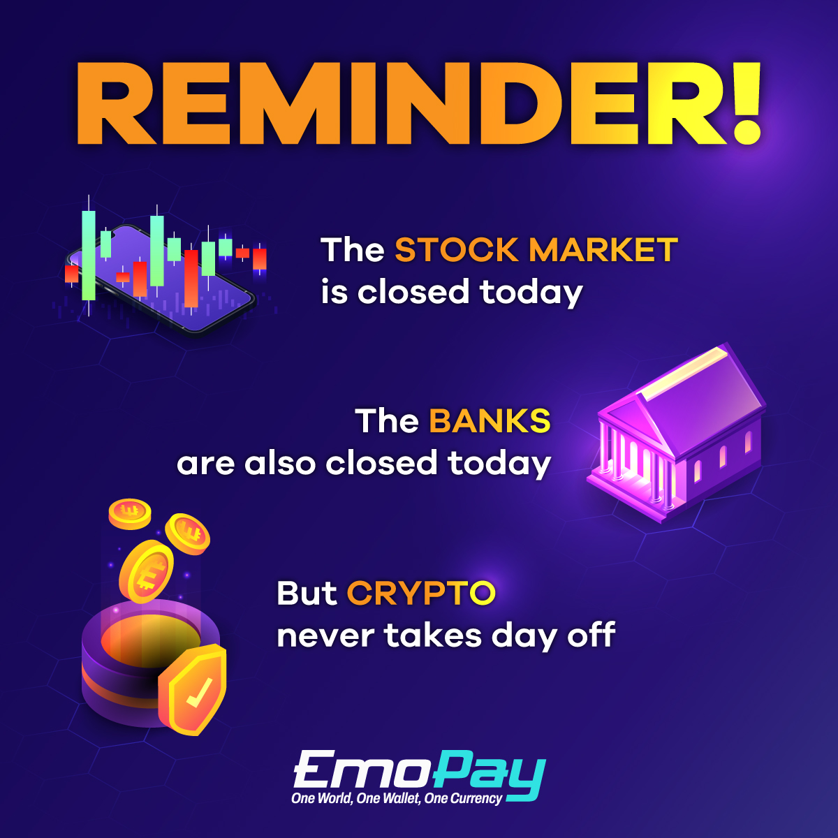 Reminder..! 
Banks🏦and the stock market💹are closed today.
But cryptocurrencies are accessible 24/7!
.
#cryptocurrency #cryptotrading #crypto #investing #investor #stockmarket #stocks #invest #trading #bitcoin #investments #optiontrader #bitcointrading #sunday #SundayFunday