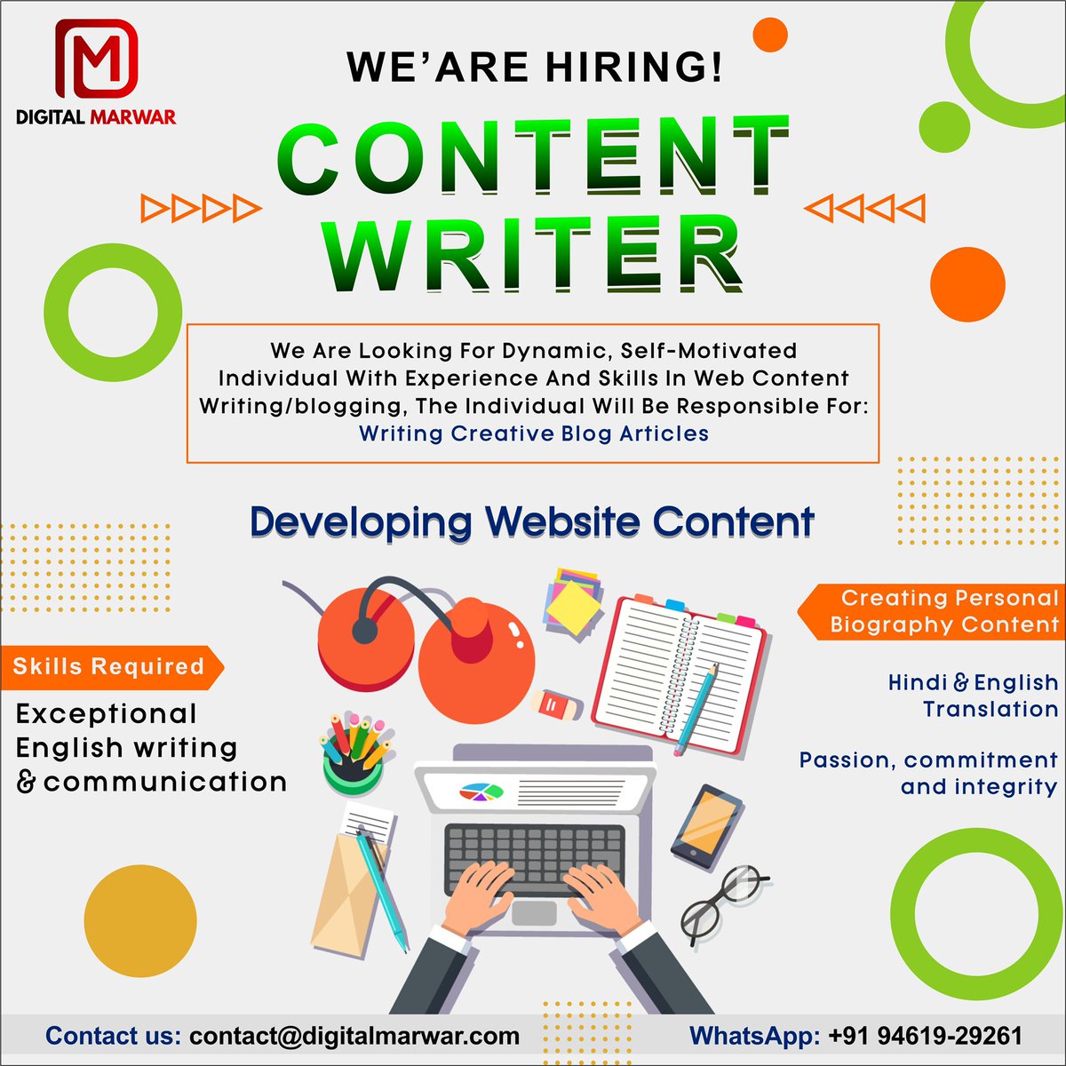DigitalMarwar's tweet photo. Digital Marwar is growing!!

We are looking to hire a Content Writer (English &amp; Hindi)

Location - WFH

So what are you waiting for ? Drop your CV at contact@digitalmarwar.com 
WhatsApp: 9461929261 

#hiring #contentcreator #contentwriting #contentwriter #digitalmarwarshankar https://t.co/jrhFrAFG55