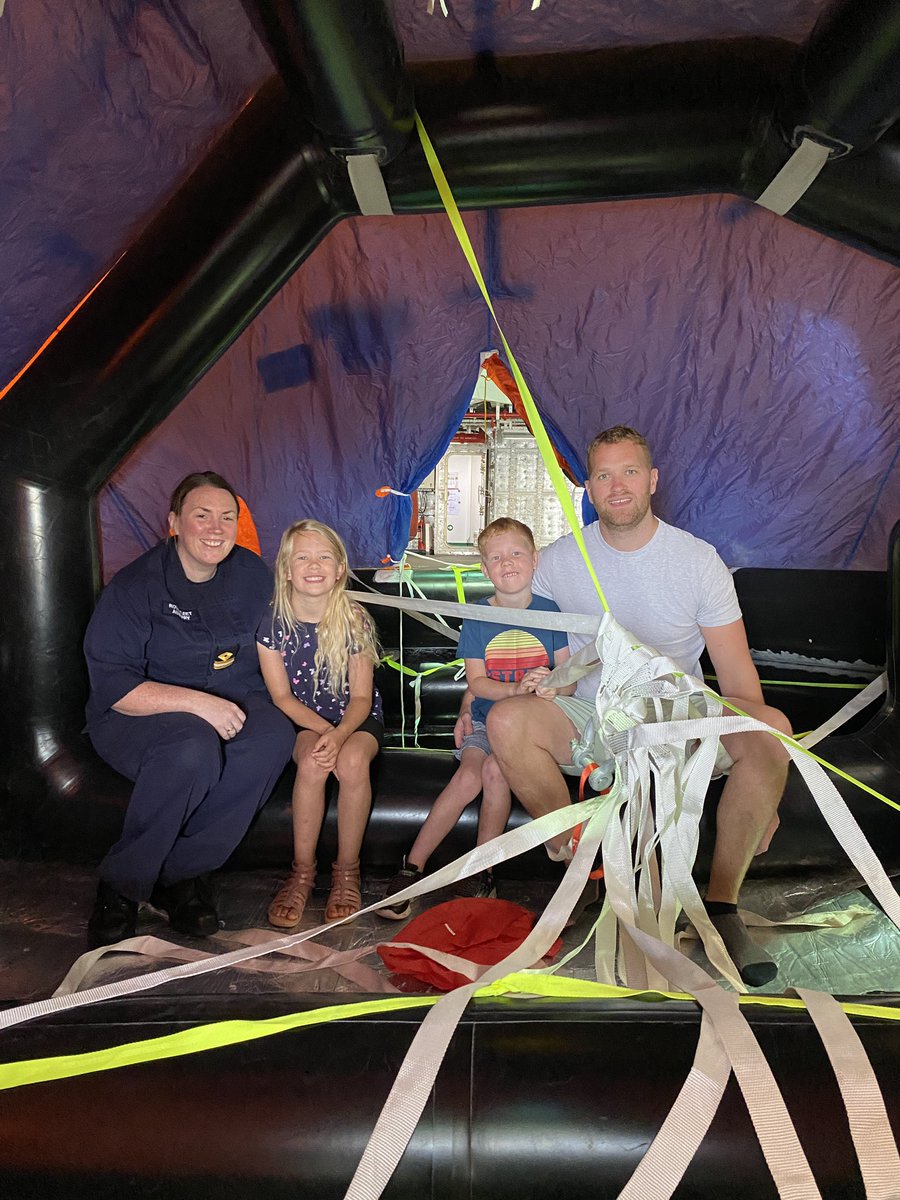 RFATideforce's tweet photo. Good morning all. Life Boat Stations Muster and Briefs combined with inflation of liferaft. Captain(X) Clarke took the opportunity to speak to young Bill Bishop #recruitmentdrive 2/O(L/S) Hood also seen here with family @RFAHeadquarters #abandonship https://t.co/d6ERQupXOy