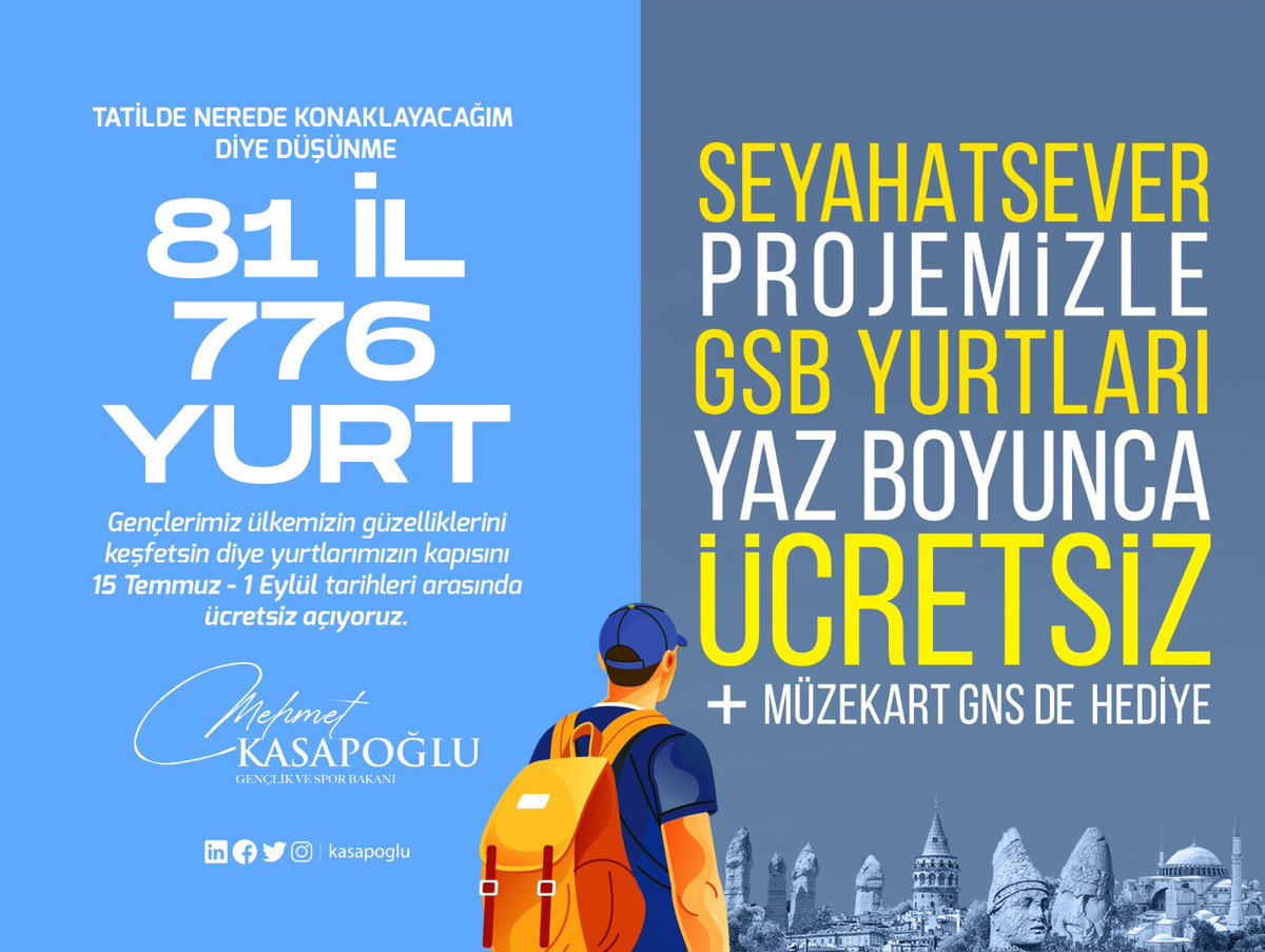 Plan yapmak gençlerden, konaklama bizden. Yurtlarımızın kapılarını 1 Eylül’e kadar gençlerimize ücretsiz açtık. İlk misafirlerimizi ağırlamaya başladık.

300’ün üzerinde müze ve ören yerini gezebilecekleri Müzekart GNS de hediyemiz.

Yurt bilgileri için;
🔗seyahatsever.gsb.gov.tr