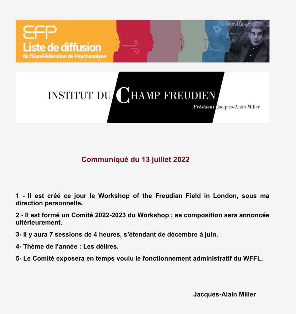 COMMUNIQUÉ DE L'INSTITUT DU CHAMP FREUDIEN