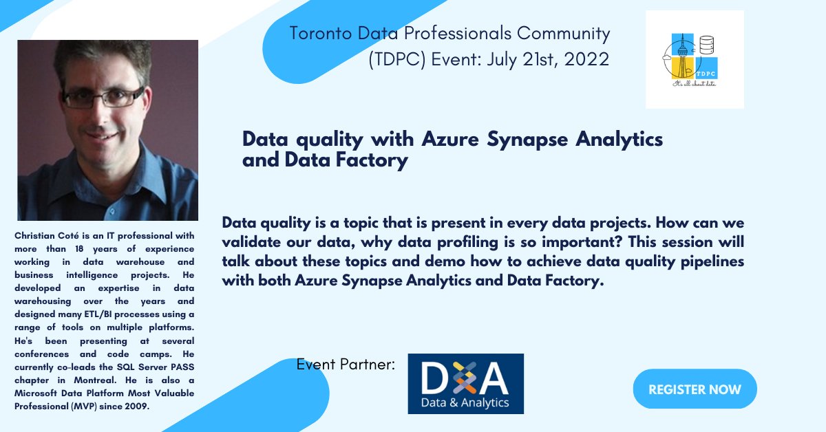 paulswengrr's tweet photo. Another exciting topic for you this summer from #TDPC, It's about Data Quality with Azure Synapse and Data Factory. Please do register and join: https://t.co/r4dnHh7kpC
@Christian_SQL
#azuredatafactory #azuresynapse #azuresynapseanalytics #synapseinfluencers #dataquality https://t.co/A6MKbrnE6L