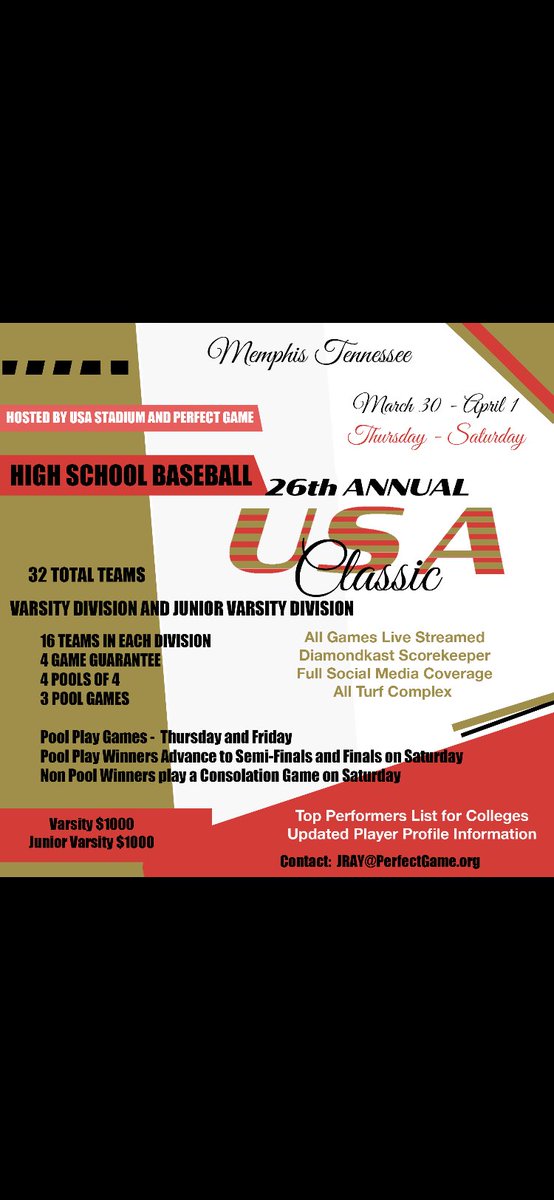 PG at USA Stadium (@usastadium) on Twitter photo The 26th Annual USA High School Classic is back after a 4 year hiatus. Dates are March 30-April 1. Request your invite at perfectgame.org. Varsity & JV Divisions <a href="/TBCAorg/">Tennessee Baseball Coaches Association</a> <a href="/ABCA1945/">ABCA</a> <a href="/HighSchoolBCA/">High School Baseball Coaches Association</a> <a href="/AlaBCAUpdates/">AlaBCA</a> <a href="/MSHSBCA/">MN Baseball Coaches</a> @AR_HSBCA The 26th Annual USA High School Classic is back after a 4 year hiatus. Dates are March 30-April 1. Request your invite at perfectgame.org. Varsity & JV Divisions <a href="/TBCAorg/">Tennessee Baseball Coaches Association</a> <a href="/ABCA1945/">ABCA</a> <a href="/HighSchoolBCA/">High School Baseball Coaches Association</a> <a href="/AlaBCAUpdates/">AlaBCA</a> <a href="/MSHSBCA/">MN Baseball Coaches</a> @AR_HSBCA