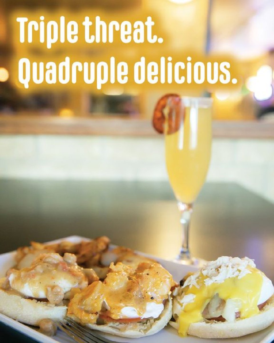 MasonsGrill's tweet photo. Can't decide which Eggs Benedict to go with for brunch? Go for all three with our Triple Threat Benedict 😉 🍳🥂 #brunchtime #masonsgrill https://t.co/EYwKhIyMJJ