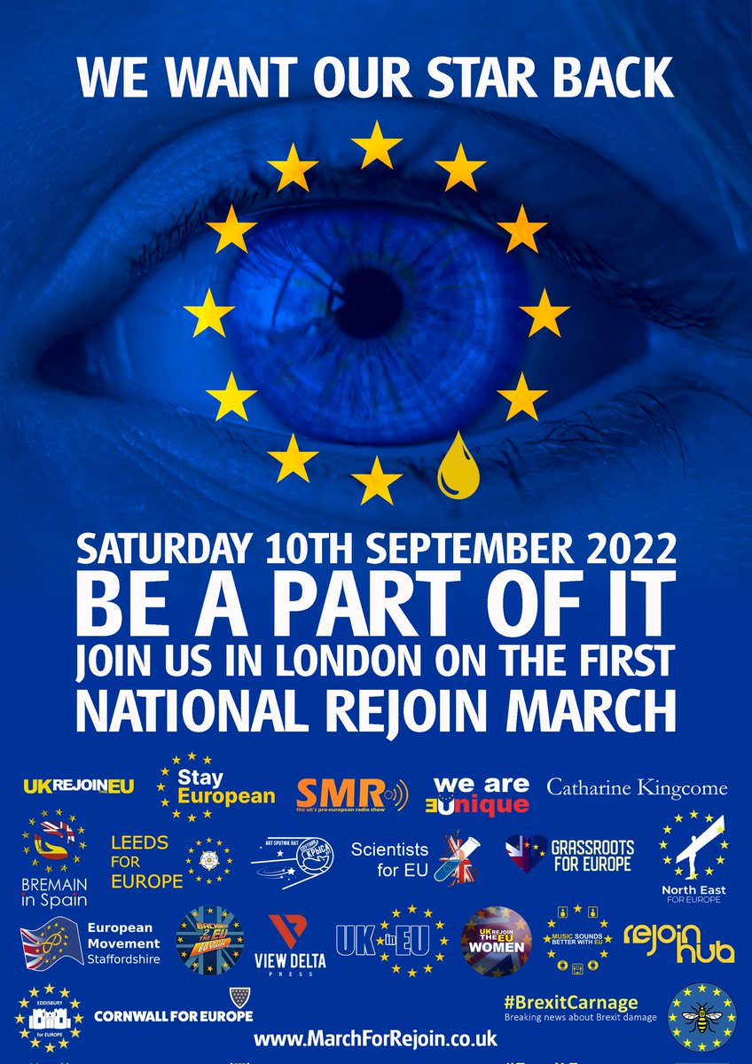 National Rejoin March.
London, 12-4 PM.
Saturday 10th September 2022.
Info & more at:
MarchForRejoin.co.uk
#MarchForRejoin #RejoinEU #Brexit
@euromove @GrassrootsEU @StayEuropean @BremainInSpain @16MillionRising @mikegalsworthy @Femi_Sorry @snb19692 @RejoinP @ReJoinTheEU2