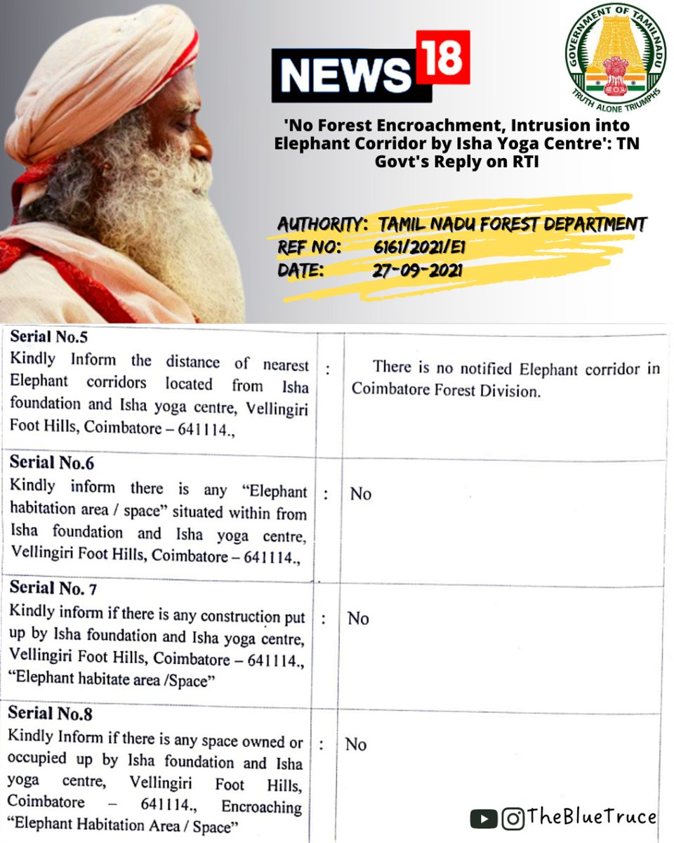 TheBlueTruce's tweet photo. When the TN Forest Department verified Isha is not built on Elephant Corridor, activists changed their stance stating Isha is built on "Elephant Habitat".

Page 3 of the RTI document is a clear response to these Baseless Liars that Isha is not built on any elephant habitat either https://t.co/iyPbm8n3KQ