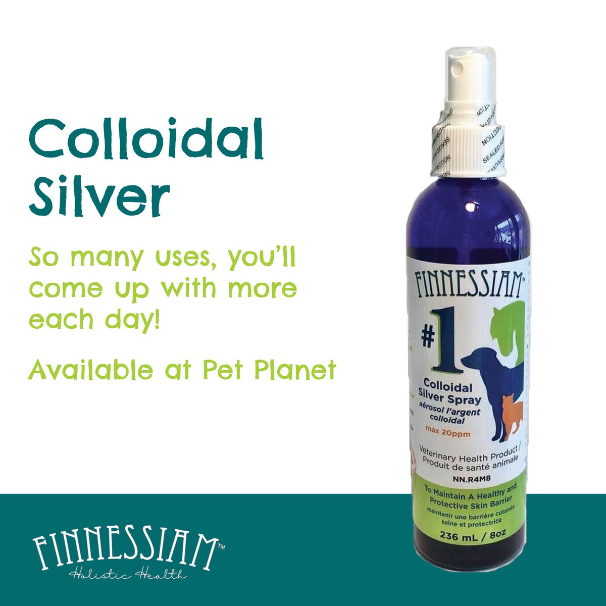 Finnessiam Colloidal Silver is a mild and gentle colloidal silver spray for use directly on any troubled areas, scratches, bug bites, burns, irritations, skin infections and more. There are so many uses, you'll come up with more each day! Available in-store and online.