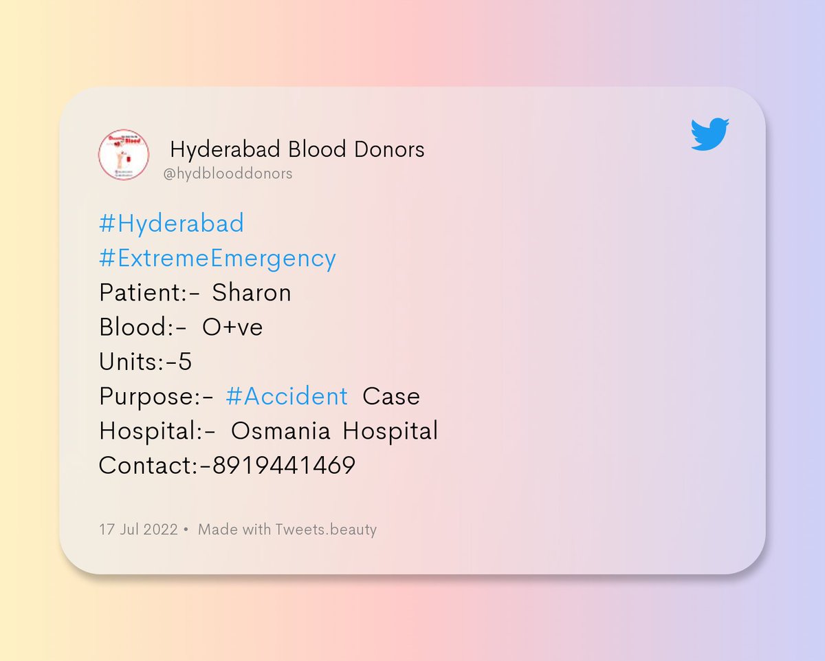 hydblooddonors's tweet photo. #Hyderabad
#ExtremeEmergency
Patient:- Sharon
Blood:- O+ve
Units:-5
Purpose:- #Accident Case
Hospital:- Osmania Hospital
Contact:-8919441469
@KTRTRS @HiHyderabad
@swachhhyd @BloodAid
@WeAreHyderabad @BloodDonorsIn https://t.co/SQ45mBMMni