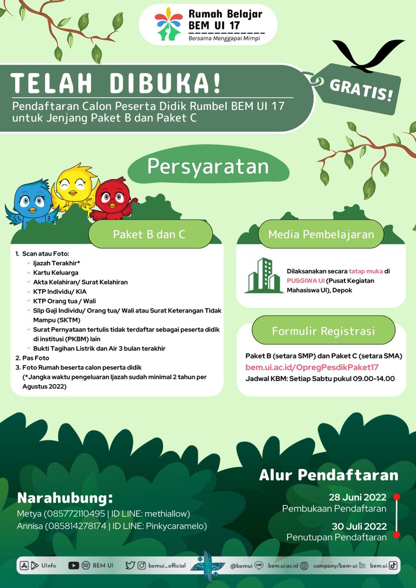 devitsneater's tweet photo. Buat teman-teman yang memiliki kenalan dan berminat untuk mengikuti progam kejar Paket B dan Paket C, boleh banget yaaa bantu share info ini terutama yang wilayah Jabodetabek nih, makasii semuanyaa πππ
#kejarpaketc #kejarpaketb #paketb #paketc #rumbelbemui #ijazahpaket https://t.co/gGpI73BXJ3