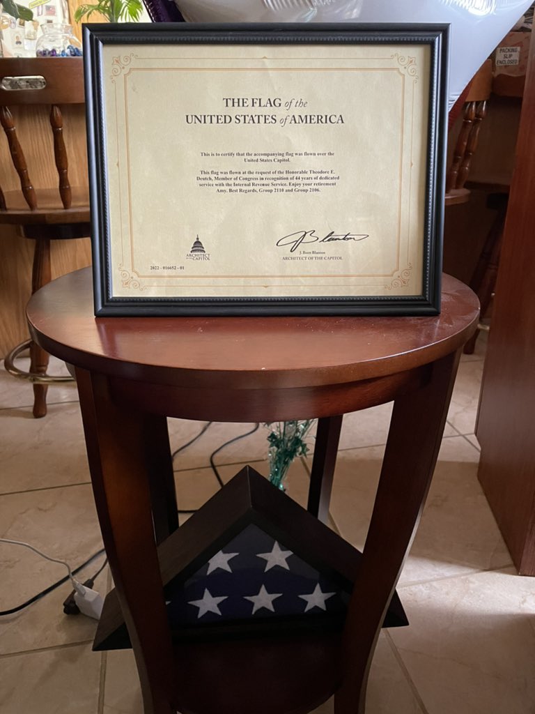 nperezjacome's tweet photo. Thank you @RepTedDeutch for flying the flag for my mom. It made her day! #44YearsofService #retirement #America https://t.co/sWXdIqWDiU