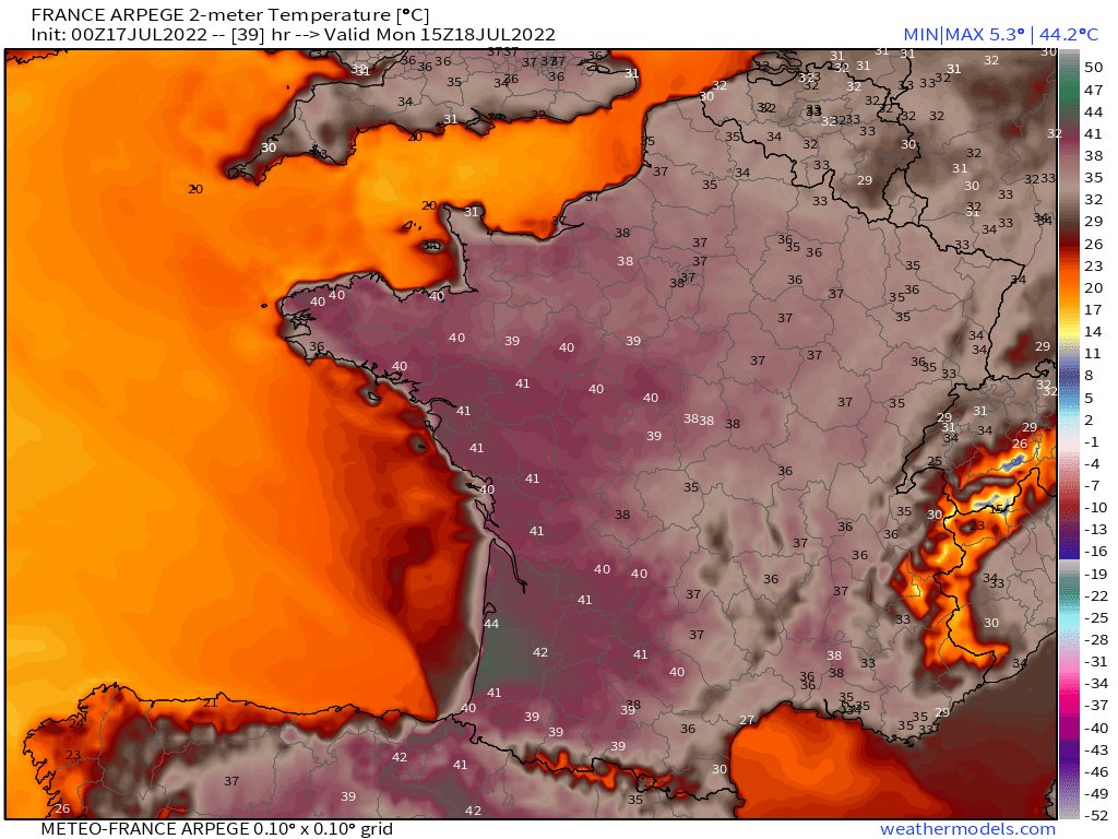 Avec 40 à 42°C sur la frange Atlantique, des records absolus vont être battus demain lundi. Localement en Aquitaine, plus de 43°C possible. Modélisation brute Arpege. #canicule #vigilancerouge 