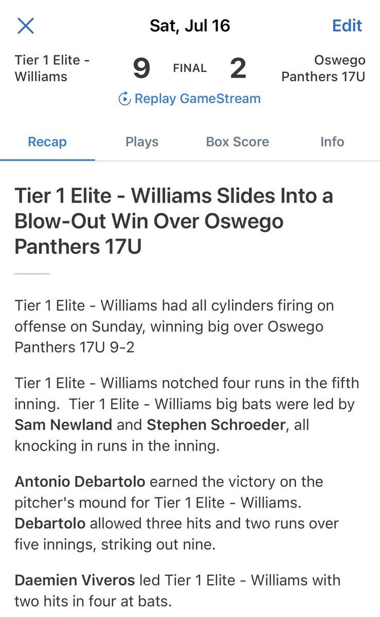 tier1elitebb's tweet photo. Great Job last night boys! 

@Adebartolo684 gets the win on the mound throwing a complete game. Allowing 0 ER, and 9 K’s 🔥

Big contributions at the plate from @Daemienv_21 , @KeeganHebert17 , @Joh2ny2 , @SamNewland34 , @DavePelrine , and Schroeder https://t.co/vnv4J2CQ27