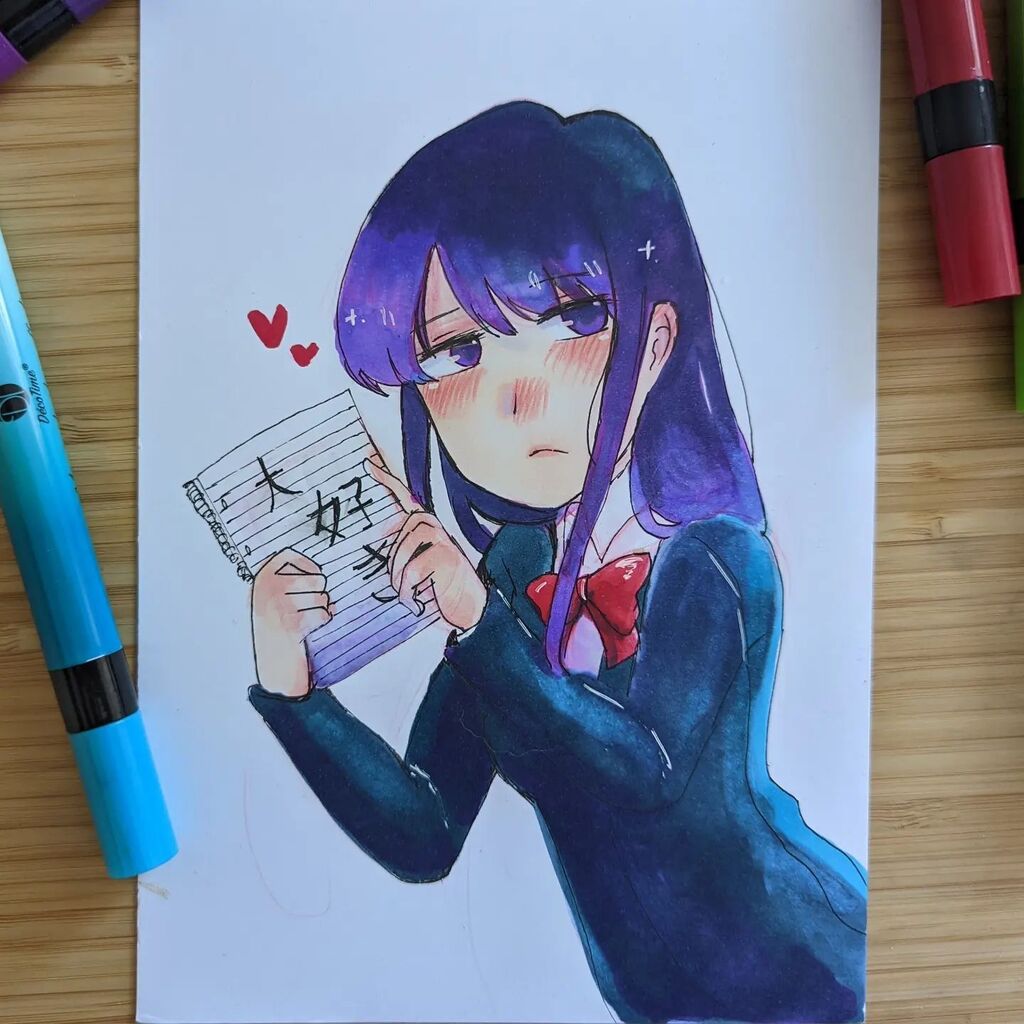 Shaorenchen's tweet photo. I drew komi for my dear wife @rarubun 
I used the amazing blending alcohol markers she gifted to me from @decotimecrafts they are a joy to work with.

#komisan #komisancantcommunicate #komisanwakomyushoudesu #alcoholmarkers https://t.co/WF0aMXygcZ https://t.co/8JF6P0rReA