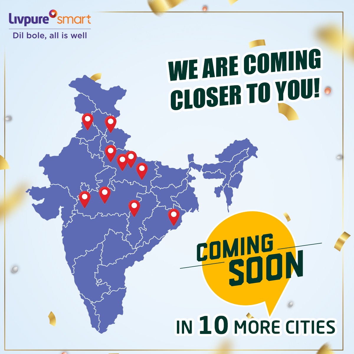 LivpureSmart's tweet photo. We are launching in 10 new cities to serve you better because health and safety is important to us. Get ready for the RO purifier on subscription. Stay tuned.
#citylaunch #cominhgsoon #waterpurifier #purewater #LivpureSmart https://t.co/ExHGF3CZ47