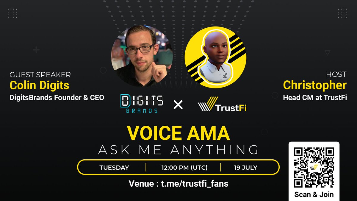 trustfiorg's tweet photo. 📣@digitsclub #AMA on Telegram Community Chat
💎Mr Colin Digits will be our Guest!
🕐Date: 12 PM UTC, Jul 19
📌Venue: https://t.co/r1nqD0AhTE
💰Rewards: $100 for 5 questions
#TrustFi #BSC #DigitsBrands #DigitsClub #ColinDigits https://t.co/oGevVKvX0p