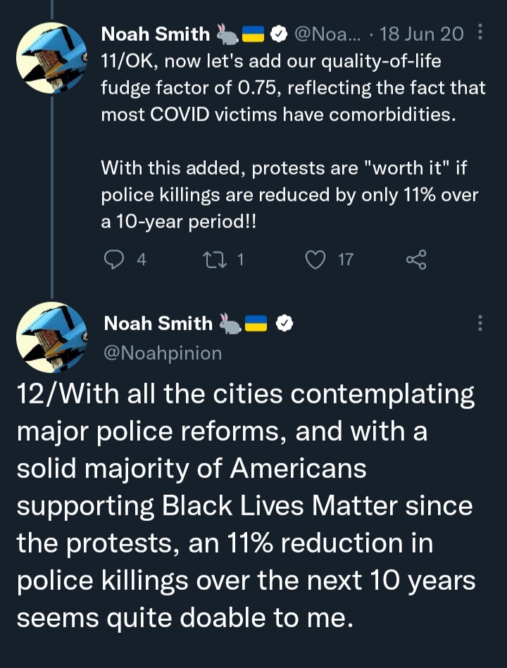 Bananasaur_Rex's tweet photo. Remembering that time Noah Smith decided that BLM protests were worthwhile despite his own estimate that they would kill 6,000 people.

For bonus points he also predicted murder rates would drop as a result. https://t.co/lYBTM5KpSq
