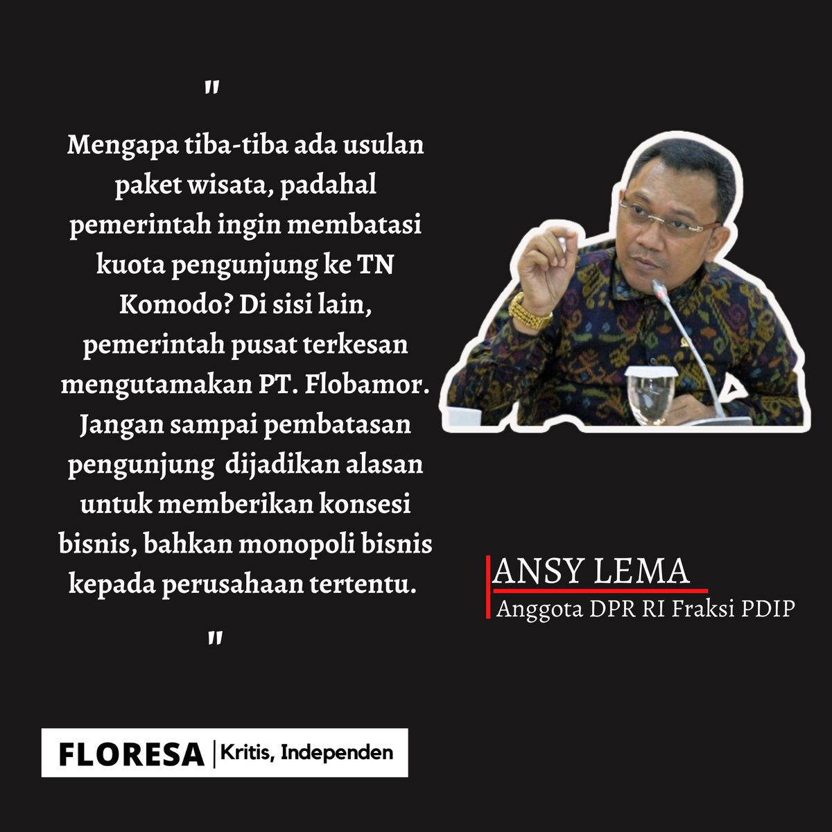 Menurut Ansy, hal utama yang patut dipertanyakan dalam studi Daya Dukung dan Daya Tampung Wisata merekomendasikan pembatasan, tetapi di saat bersamaan KLHK memberikian ijin ke BUMD Provinsi NTT, PT. Flobamora sebagai pengelola tunggal. floresa.co/2022/07/17/ang…