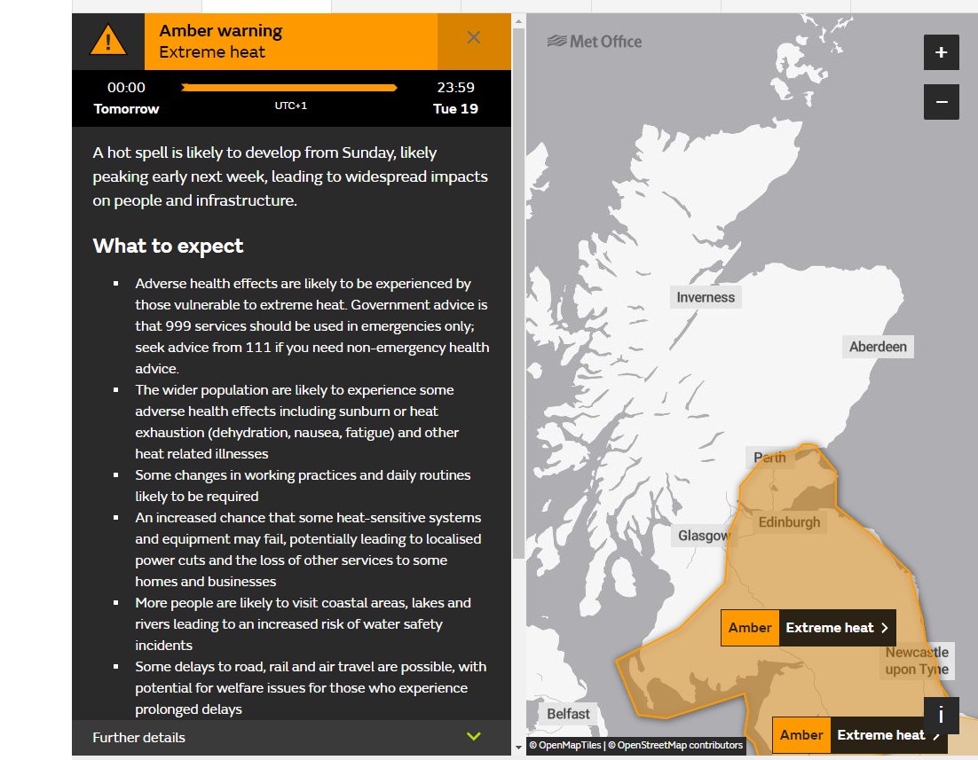 ⚠️AMBER WEATHER WARNING⚠️

The 
<a href="/metoffice/">Met Office</a>
 have issued an AMBER weather warning for extreme heat☀️

From Monday (18/07) 00:00- Tuesday(19/07) 23:59 

More information can be found here:metoffice.gov.uk/weather/warnin…