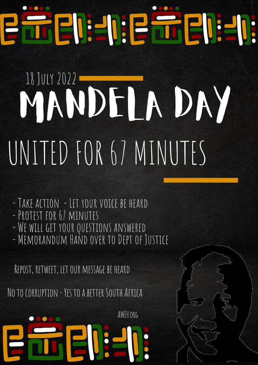 AwehOrg's tweet photo. @Abramjee Stand up anywhere in South Africa for just 67minutes this Mandela Day.....

Raise your placard, asking the government questions that you want answers to.

Post your story to our page and we include your questions in our memorandum.... https://t.co/lsF0KB5VYv 

Like~Share~Repost https://t.co/o7AzMwhOM9