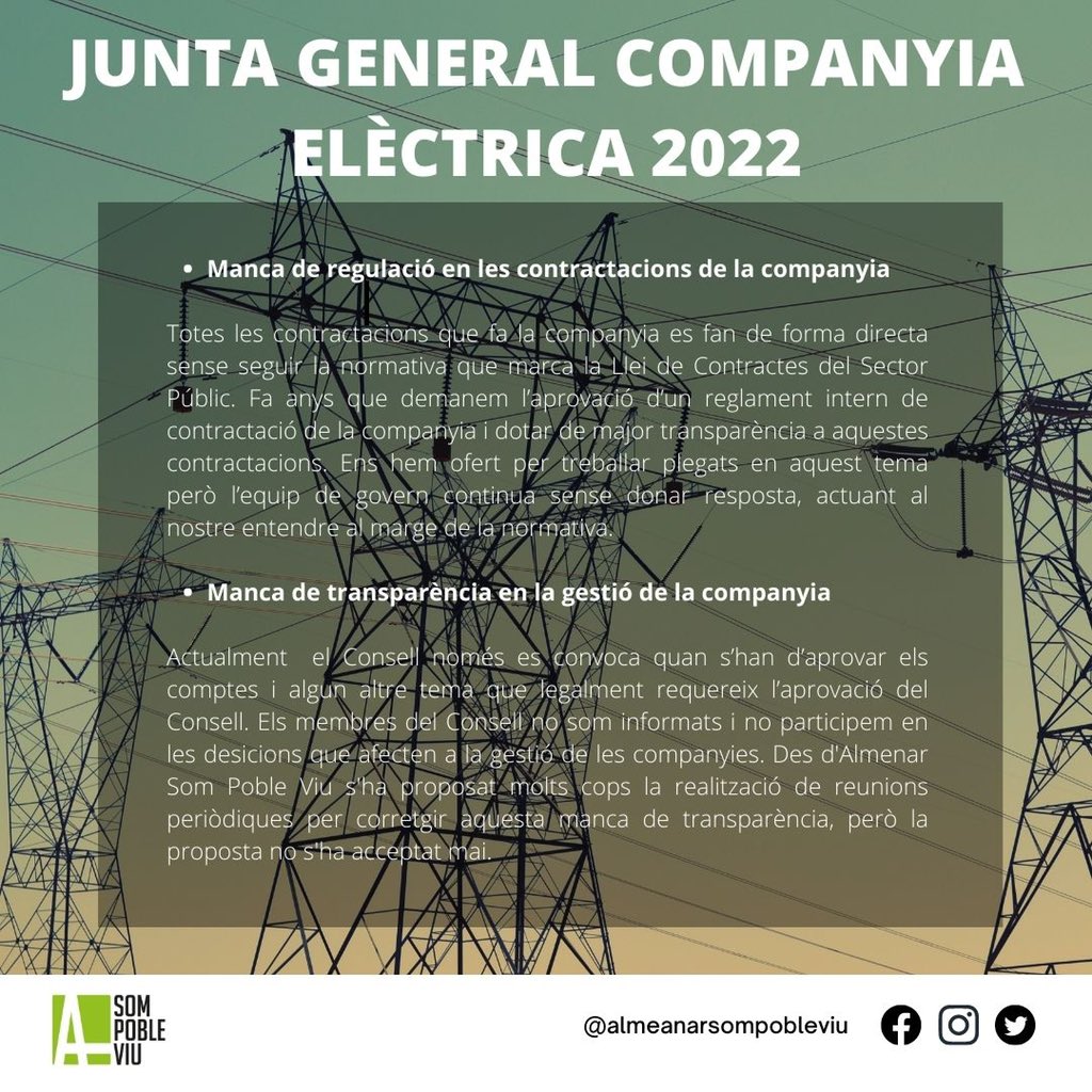 El passat 30 de juny va tenir lloc la junta general de les companyies elèctriques municipals d’Almenar. Aquí us deixem un resum de les mateixes i una reflexió sobre el futur de les companyies: