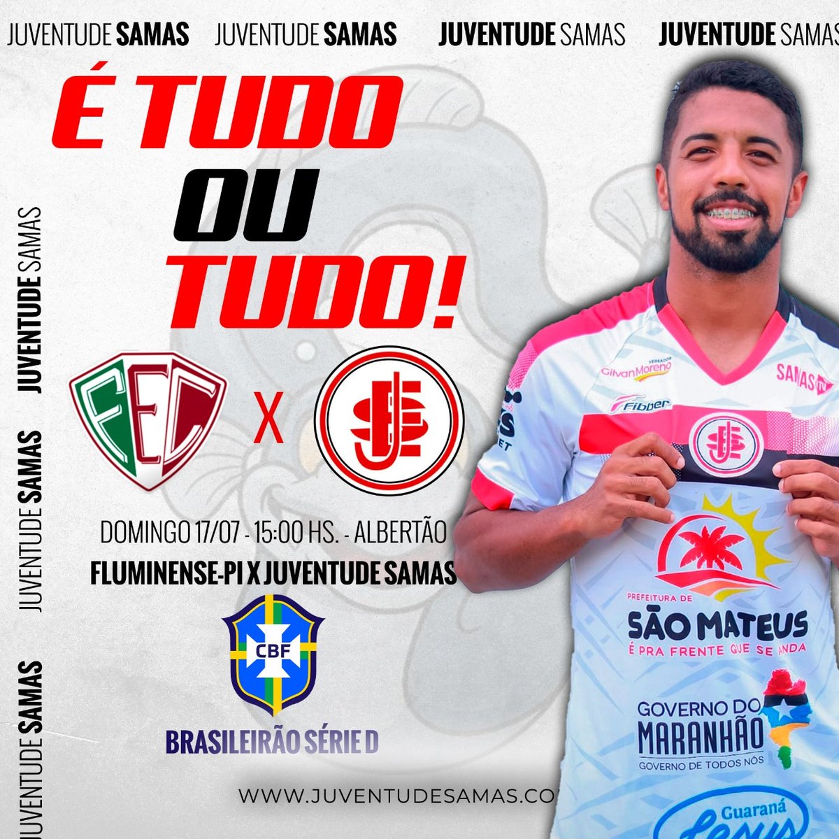 É TUDO OU TUDO 😍

⚽️ | Fluminense-PI 🇧🇬❌🇪🇬 Juventude SAMAS 
🏆 | Campeonato Brasileiro 2022 
🗓 |  HOJE 
🕓 | 15h  
🎫 | Sem informações 
🏟 |  Estádio Albertão 
🎥 |  <a href="/InStat_Sport/">InStat Sport</a>

Pra Cima SAMAS ! 

🤍🖤❤#OrgulhodoInterior ❤🤍🖤
