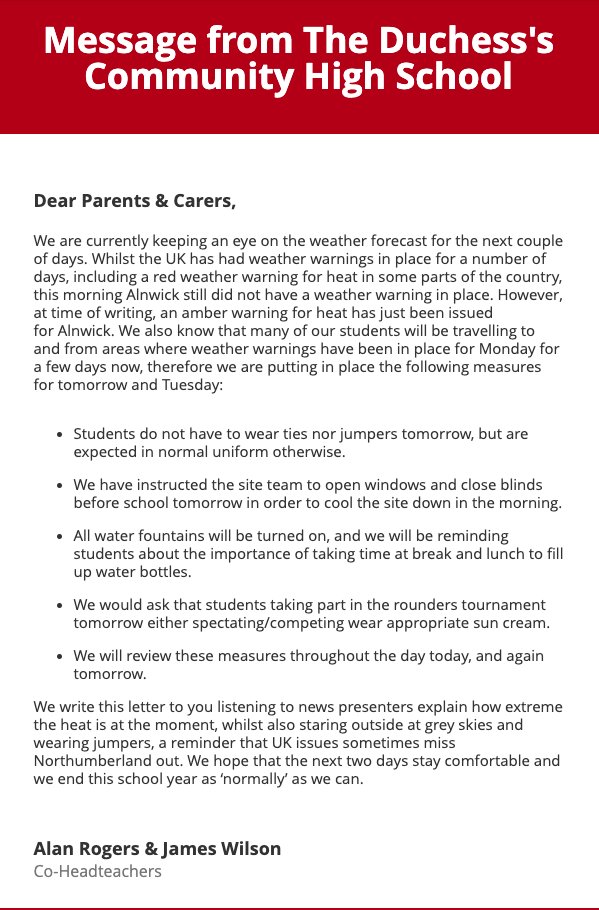 Message for parents &amp; carers regarding the Amber warning in place tomorrow in Alnwick