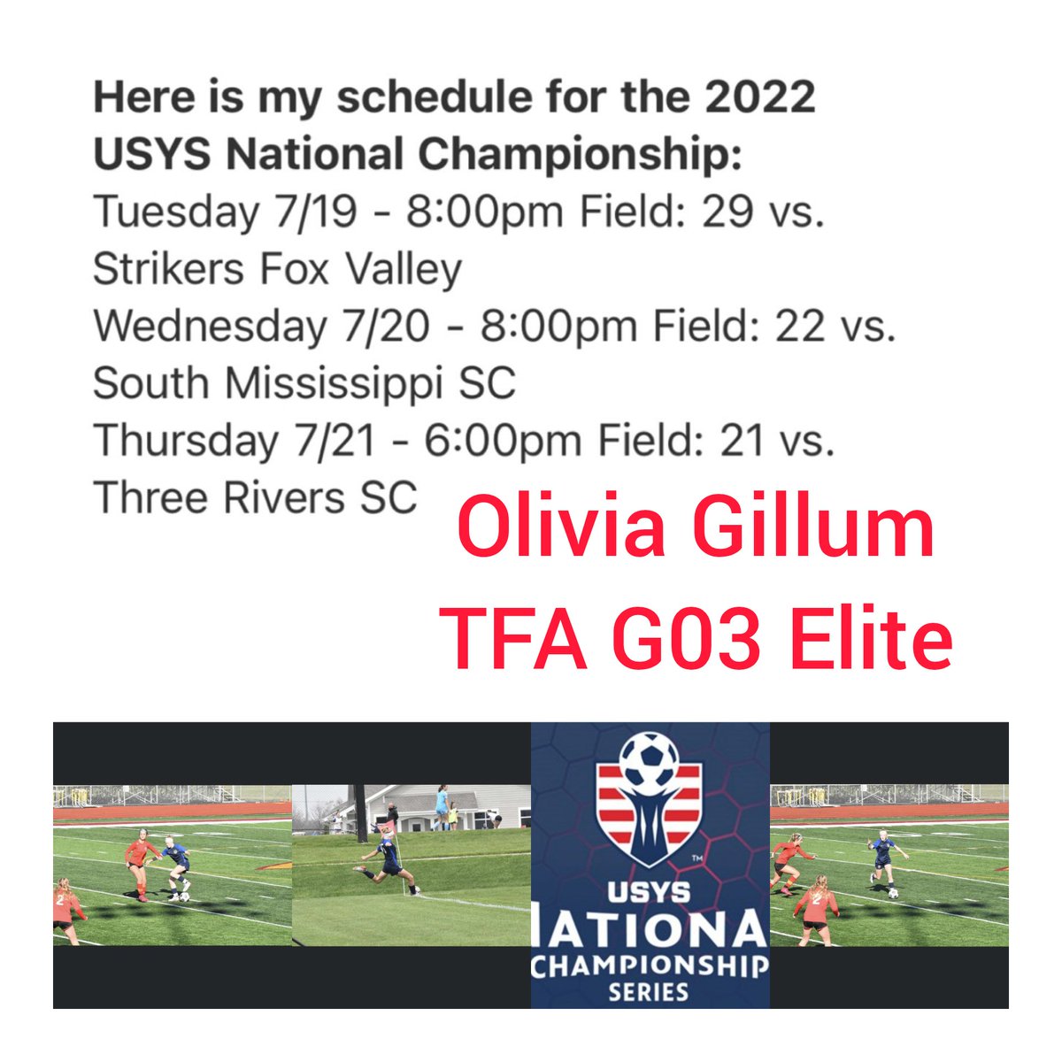 TFA G06 Premier ECNL - RL (@g06tfapremier) on Twitter photo We would like to wish our very on <a href="/OliviaGillum5/">Olivia Gillum</a> safe travels as she gets ready to hit the road to Orlando with the TFA G03 Elite team! Will you see Olivia and the TFA G03 Elite team?! 👀
Good luck to all!!
#ROADTOFL
<a href="/TFA_Cincinnati/">Total Futbol Academy</a>
<a href="/ImCollegeSoccer/">College Soccer Truth ™</a>
<a href="/theohiosoccer/">Ohio Soccer Association</a> We would like to wish our very on <a href="/OliviaGillum5/">Olivia Gillum</a> safe travels as she gets ready to hit the road to Orlando with the TFA G03 Elite team! Will you see Olivia and the TFA G03 Elite team?! 👀
Good luck to all!!
#ROADTOFL
<a href="/TFA_Cincinnati/">Total Futbol Academy</a>
<a href="/ImCollegeSoccer/">College Soccer Truth ™</a>
<a href="/theohiosoccer/">Ohio Soccer Association</a>