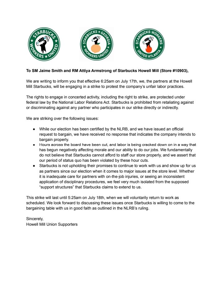 SBWUAtlanta's tweet photo. Breaking news: partners at the Howell Mill Starbucks are striking today to protest the company's lack of response to their demands for bargaining, as well as various ULPs observed by staff. @SBWorkersUnited @atldemsoc https://t.co/h4wcr7sOTJ