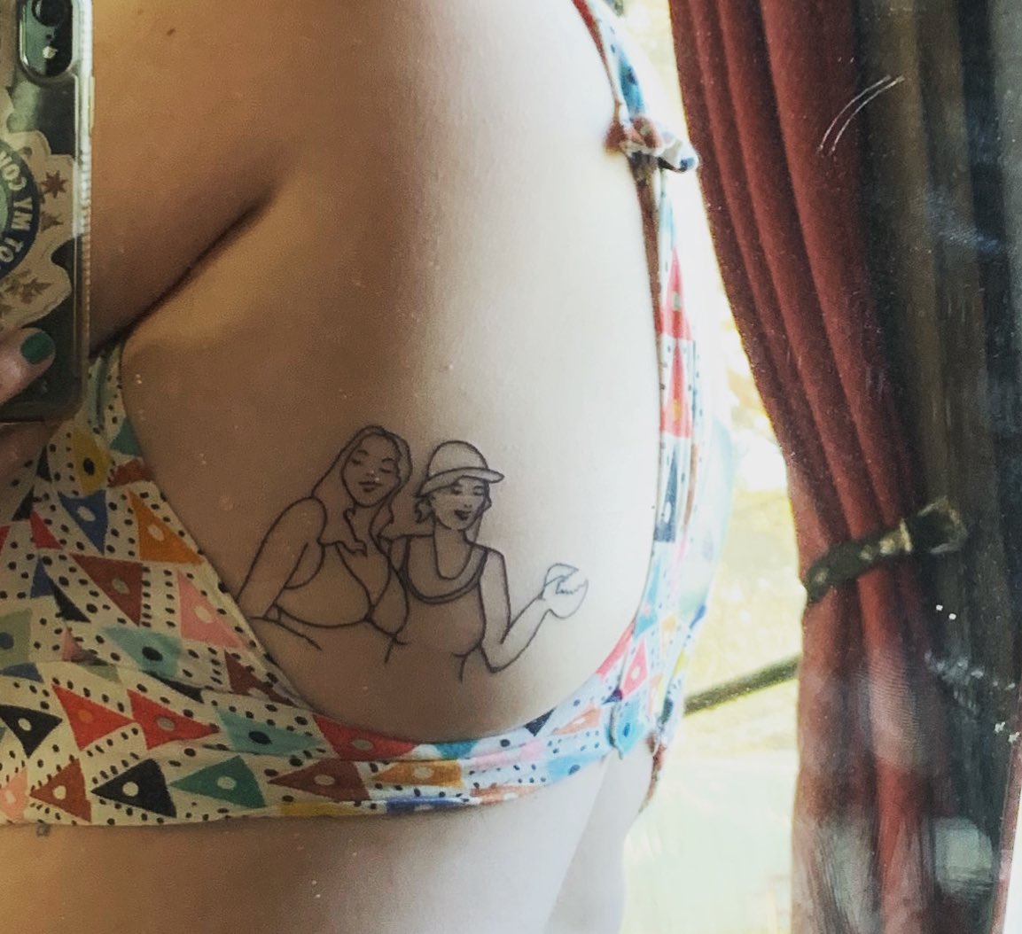 ruthlessjoy's tweet photo. Inspired by @icaruspendragon I went &amp; got a tattoo. I didnt agonized over it, I didnt hunt imperfection in my art, I didnt question if I deserved it. I put that meaningful chaos on my body, &amp; I’ve laughed at it everyday since. It’s me &amp; Claire on acid at the beach in 2004. Love. https://t.co/mz51NgEmet
