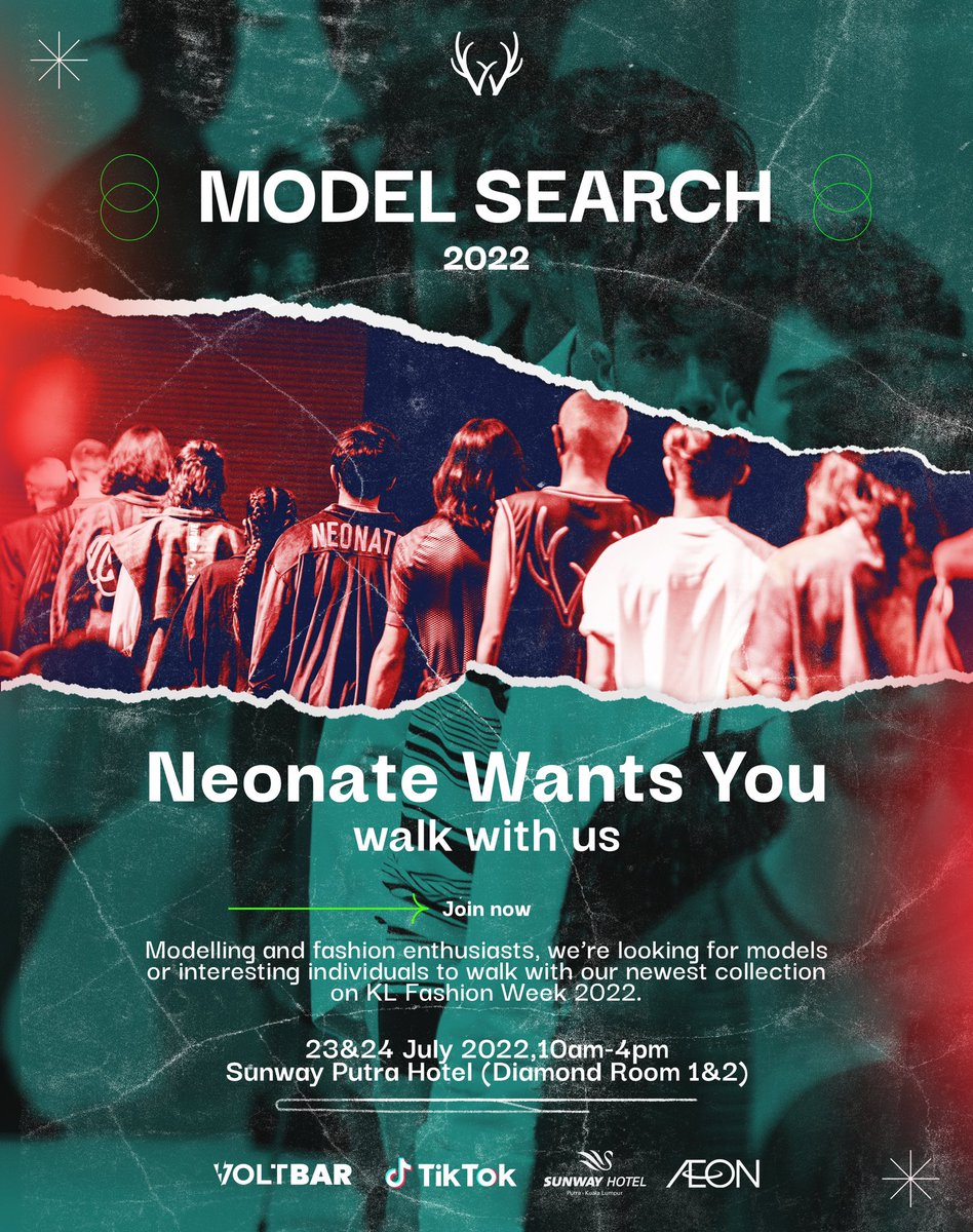 neonate_company's tweet photo. Modelling & fashion enthusiasts, we’re looking for models or interesting individuals to walk with our newest collection on KL Fashion Week 2022. Bring your com card & we'll see u soon! Please wear white top & dark jeans.
Brought to u by #Voltbar @tiktokmy @Sunwayputrahtl #AeonMY https://t.co/nfaS8tT1mP