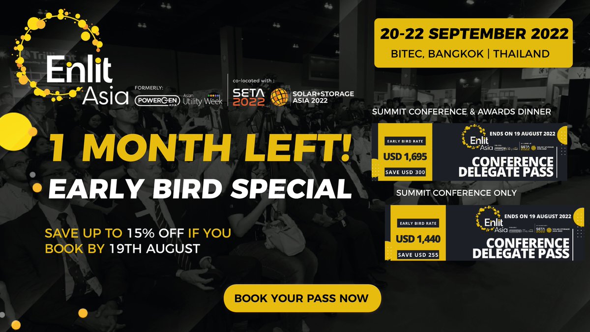 ⏰ 1 MONTH LEFT TO GET YOUR EARLY BIRD TICKETS! 

Network live and in-person at the premier end-to-end power &amp; energy event in the region. 

Check out with your Conference Delegate pass early! 
👉 buff.ly/39AQfGf
 
 #PowerGenAsia #AsianUtilityWeek #EnlitAsia2022